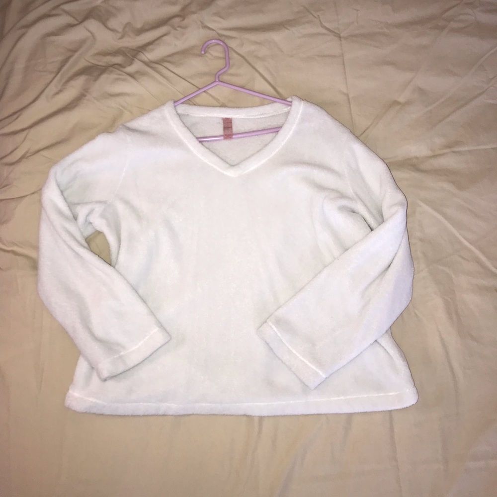 White Fuzzy V-neck Pullover Sweater